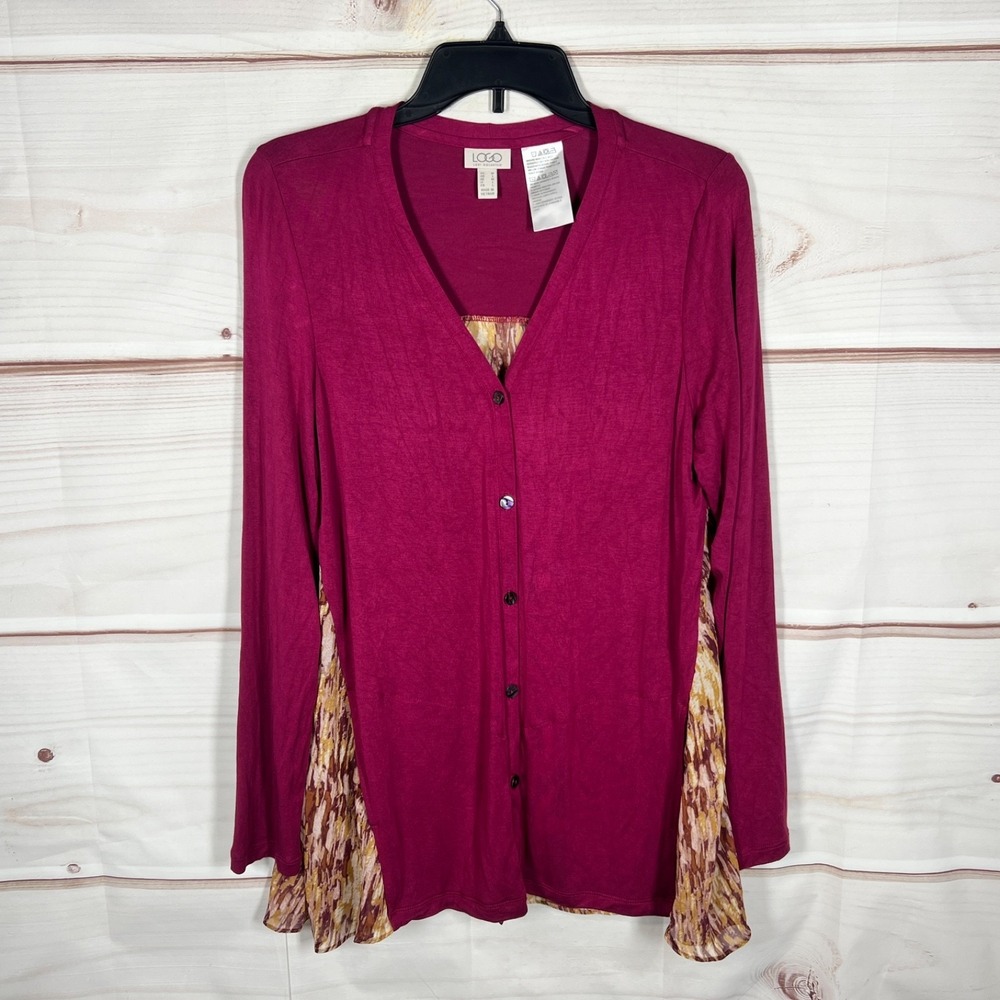LOGO Lori Goldstein Top Womens Medium Pink Knit Cardigan Chiffon Back Buttons